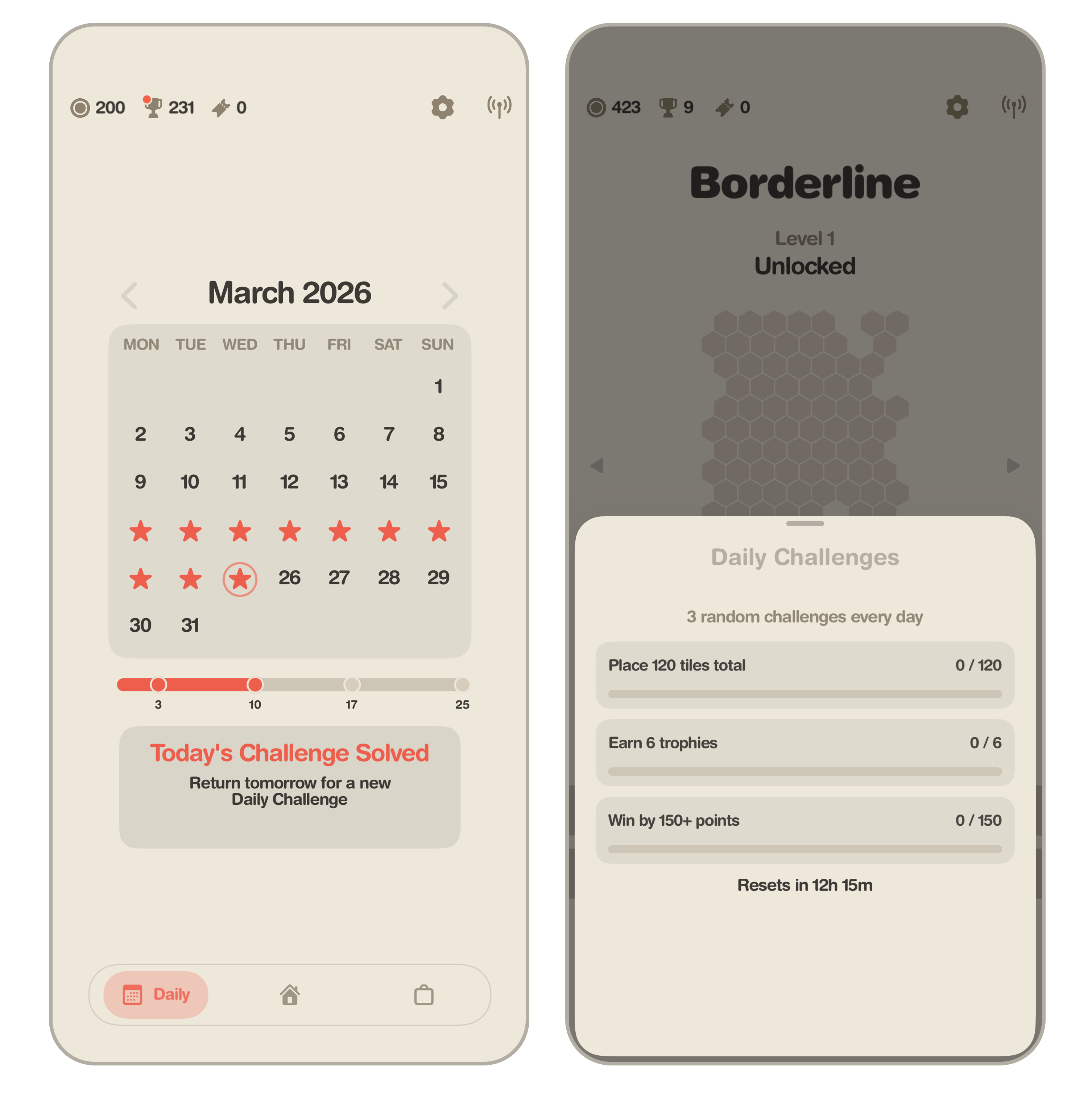 Borderline Daily Challenges screen